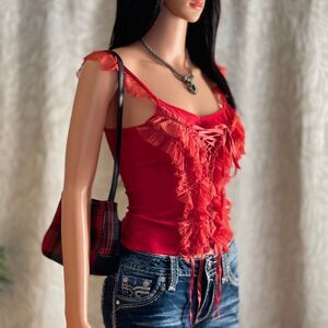 Vintage Y2K Modas Sensation Red Ruffle Vampy Coquette Top Fair Condition Size 2